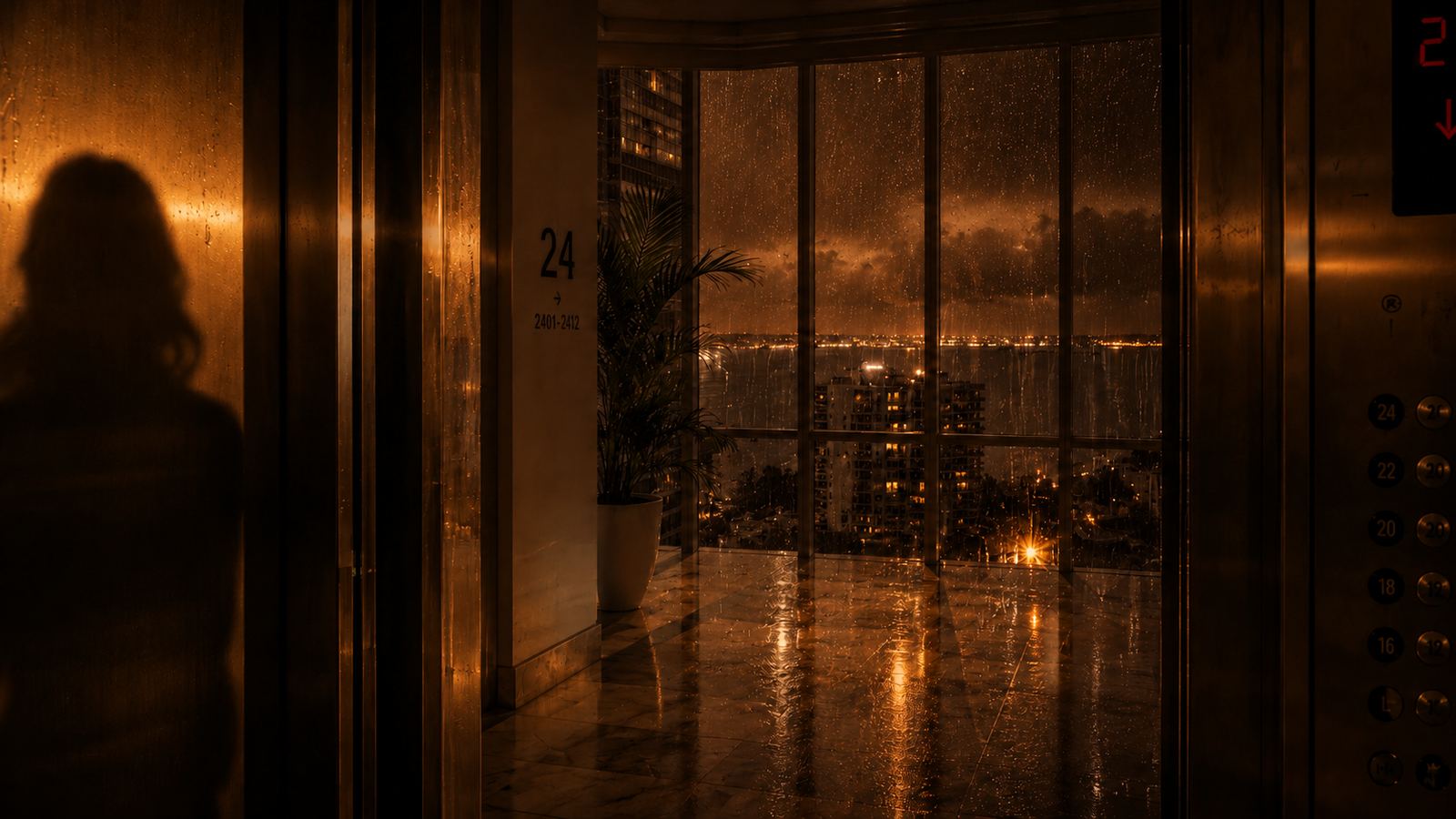 A quiet orange-lit rainy elevator landing overlooking the city at night
