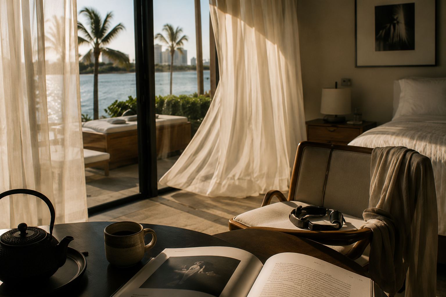 A quiet room with curtains moving near water at golden hour