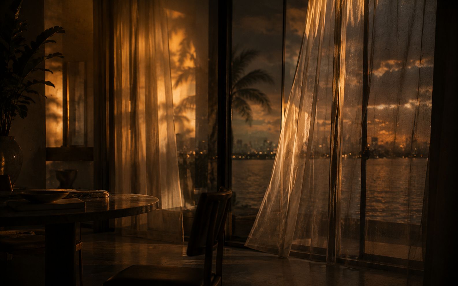A moody waterfront room with sheer curtains and warm evening light